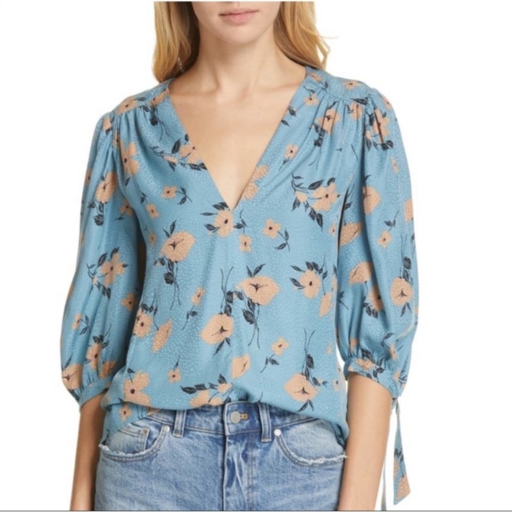 Rebecca Taylor Daniella Floral Blouse Dot Pattern Blue V-Neck Top Tie Cuff Women